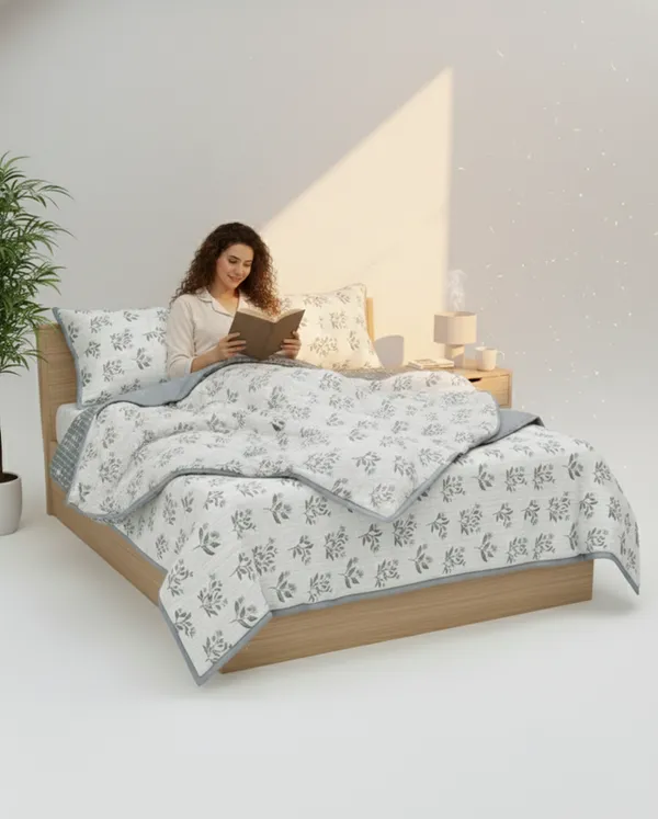 Dohar_Premium_100%_Cotton_Single_Bed_Botanical_Leaf_With_Windowpane_Grid,_All_Season_Reversible_Blanket,_Soft,_Lightweight_And_Breathable_Ac_Dohar/Blanket/For_Bed_Cool_Grey