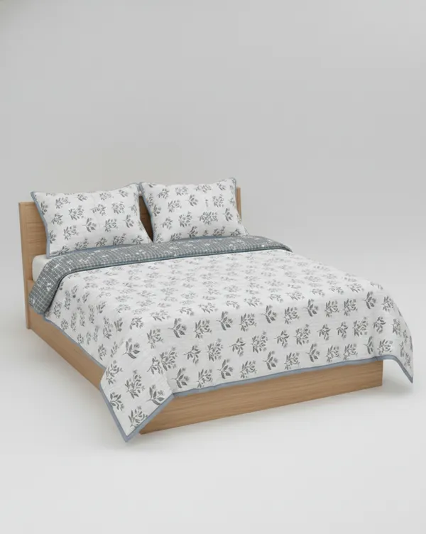 Dohar_Premium_100%_Cotton_Single_Bed_Botanical_Leaf_With_Windowpane_Grid,_All_Season_Reversible_Blanket,_Soft,_Lightweight_And_Breathable_Ac_Dohar/Blanket/For_Bed_Cool_Grey