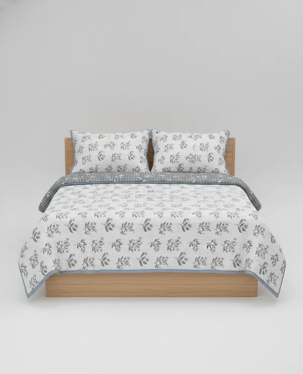 Dohar_Premium_100%_Cotton_Single_Bed_Botanical_Leaf_With_Windowpane_Grid,_All_Season_Reversible_Blanket,_Soft,_Lightweight_And_Breathable_Ac_Dohar/Blanket/For_Bed_Cool_Grey