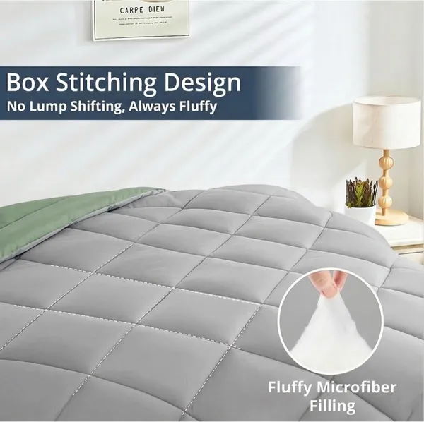 Signature_Reversible_Box-Stitch_singal_Comforter_Premium_Down-Feel_Insert_With_4_Corner_Tabs,_Machine_Washable_(Green_and_Silver)