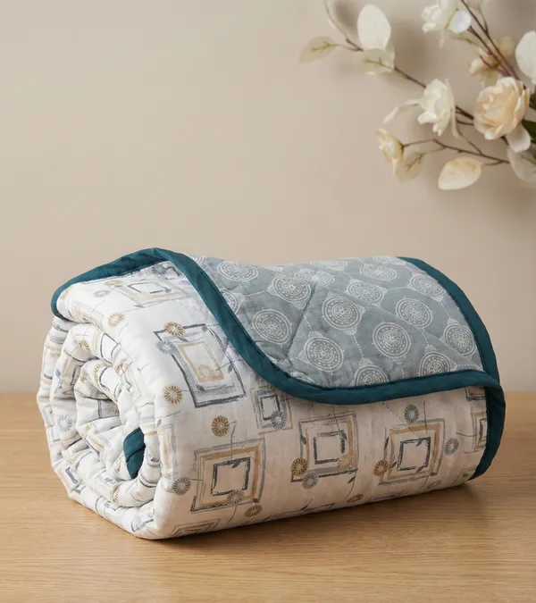 Dohar_Premium_100%_Cotton_Single_Bed_Sketched_Minimalist_Geometry,_All_Season_Reversible_Blanket,_Soft,_Lightweight_And_Breathable_Ac_Dohar/Blanket/For_Bed_Teal/Dusty_Blue