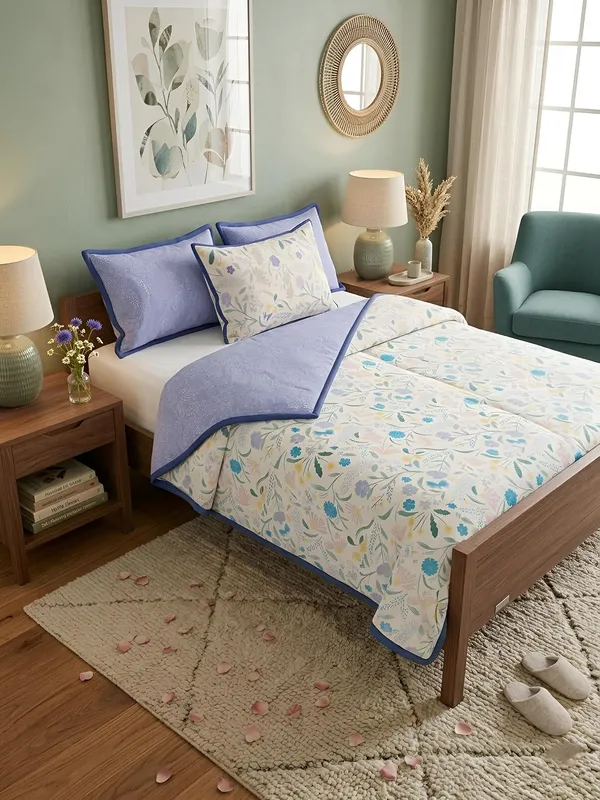 Dohar_Premium_100%_Cotton_Single_Bed_Botanical_Retreat,_All_Season_Reversible_Blanket,_Soft,_Lightweight_and_Breathable_Ac_Dohar/Quilt/Blanket/for_Bed,_Blanket_220_x_146_cms_(Lavender/Lilac)