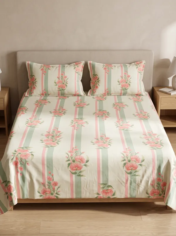 Home_Cent_Premium_Pink_and_Sage_Green_Floral_Striped_Double_Bedsheet_with_2_Pillow_Covers_228_x_254_cms