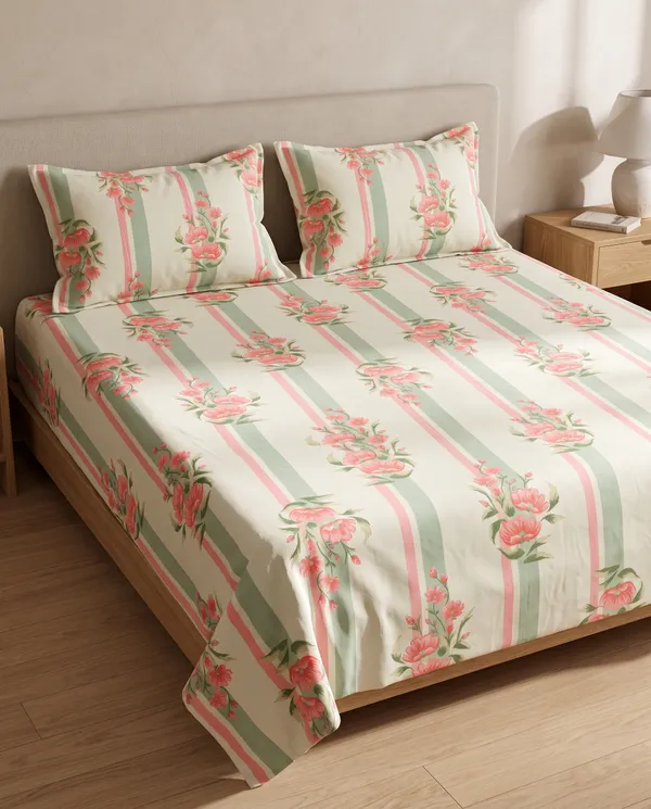 Home_Cent_Premium_Pink_and_Sage_Green_Floral_Striped_Double_Bedsheet_with_2_Pillow_Covers_228_x_254_cms