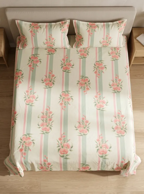 Home_Cent_Premium_Pink_and_Sage_Green_Floral_Striped_Double_Bedsheet_with_2_Pillow_Covers_228_x_254_cms