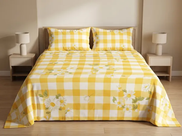 Home_Cent_Premium_Yellow_Gingham_Checkered_Double_Bedsheet_with_Daisy_Floral_Print_&_2_Pillow_Covers_228_x_254_cms