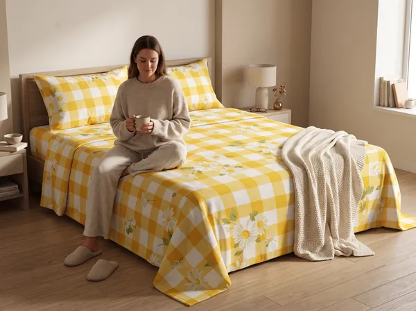 Home_Cent_Premium_Yellow_Gingham_Checkered_Double_Bedsheet_with_Daisy_Floral_Print_&_2_Pillow_Covers_228_x_254_cms