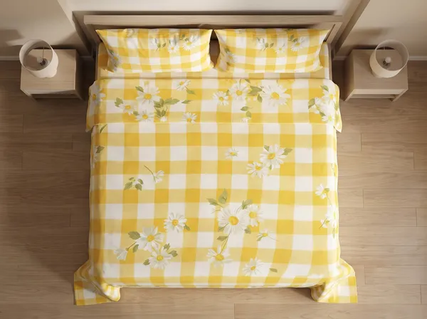 Home_Cent_Premium_Yellow_Gingham_Checkered_Double_Bedsheet_with_Daisy_Floral_Print_&_2_Pillow_Covers_228_x_254_cms