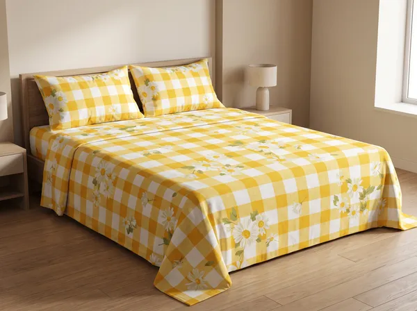 Home_Cent_Premium_Yellow_Gingham_Checkered_Double_Bedsheet_with_Daisy_Floral_Print_&_2_Pillow_Covers_228_x_254_cms