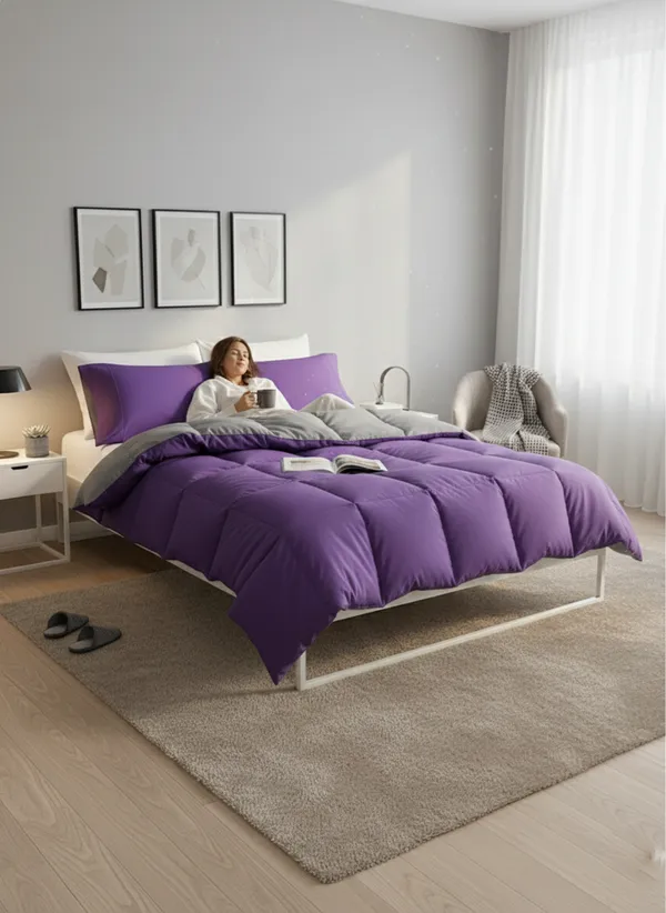 Signature_Reversible_Box-Stitch_Double_Comforter_Premium_Down-Feel_Insert_With_4_Corner_Tabs,_Machine_Washable_(Grey_And_Purple)