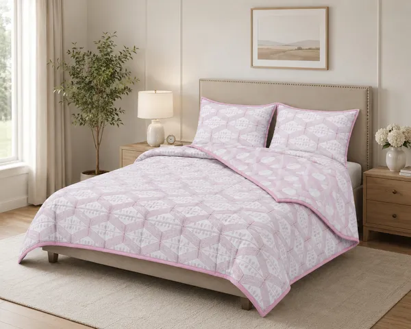 Diamond_Geometric_Cotton_Bedding_Set_Single_Bed_Sheet_Comforter_Lightweight,_Durable_&_Cozy_Ideal_For_Everyday_Use_&_Mild_Winter_,_Pink/Blush