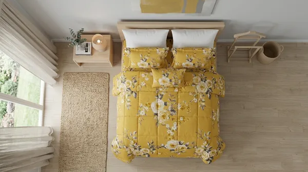 Home_Cent_Signature_Mustard_Yellow_Double_Bed_Comforter_Set,_Vintage_Floral_Pattern,_3-Piece_Box-Stitch_Comforter_?_Premium_Down-Feel_Insert_with_4_Corner_Tabs,_Machine_Washable_(Yellow_Floral)-_230X250CM-300GSM