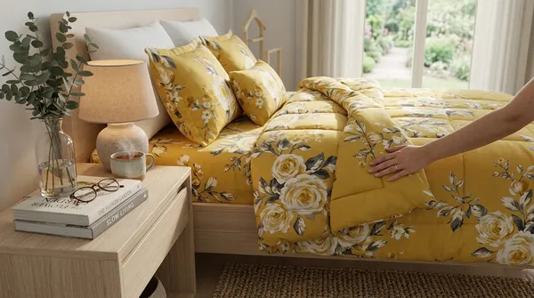 Home_Cent_Signature_Mustard_Yellow_Double_Bed_Comforter_Set,_Vintage_Floral_Pattern,_3-Piece_Box-Stitch_Comforter_?_Premium_Down-Feel_Insert_with_4_Corner_Tabs,_Machine_Washable_(Yellow_Floral)-_230X250CM-300GSM