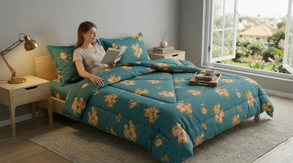 Home_Cent_Signature_Rustic_DeepForest_Teal_Flower_Double_Bed_Comforter_-Luxury_Teal_Floral_Double_Bed_Comforter_Set_with_Golden_Bloom_Accents_Lightweight_Breathable_Quilt_Set_with_Classic_Floral_Motif_Box-Stitch_Double_Bed_Comforter_?_Premium_Down-Feel_Insert_with_4_Corner_Tabs,_Machine_Washable_(DeepForest_Green)-_230X250CM-300GSM