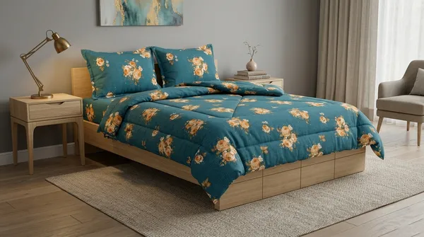 Home_Cent_Signature_Rustic_DeepForest_Teal_Flower_Double_Bed_Comforter_-Luxury_Teal_Floral_Double_Bed_Comforter_Set_with_Golden_Bloom_Accents_Lightweight_Breathable_Quilt_Set_with_Classic_Floral_Motif_Box-Stitch_Double_Bed_Comforter_?_Premium_Down-Feel_Insert_with_4_Corner_Tabs,_Machine_Washable_(DeepForest_Green)-_230X250CM-300GSM