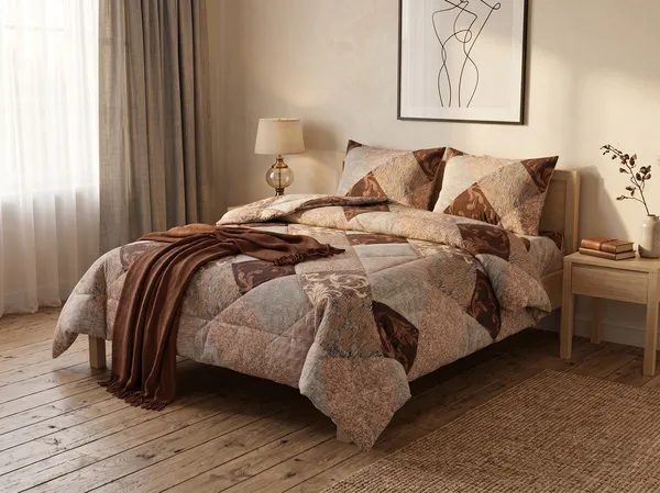 HOMECENT_Signature_Brown_and_Beige_Double_Bed_Comforter_Set,_Diamond_Patchwork_Floral_Pattern,_3-Piece_Quilted_Double_Bed_Comforter_?_Premium_Down-Feel_Insert_with_4_Corner_Tabs,_Machine_Washable_(Mocha_Patchwork)-_230_X_250CM-300GSM
