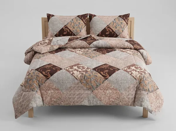 HOMECENT_Signature_Brown_and_Beige_Double_Bed_Comforter_Set,_Diamond_Patchwork_Floral_Pattern,_3-Piece_Quilted_Double_Bed_Comforter_?_Premium_Down-Feel_Insert_with_4_Corner_Tabs,_Machine_Washable_(Mocha_Patchwork)-_230_X_250CM-300GSM