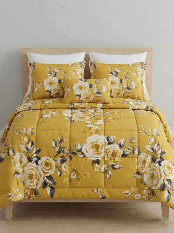 Home_Cent_Signature_Mustard_Yellow__Single_Bed_Comforter_Set,_Vintage_Floral_Pattern,_3-Piece_Box-Stitch_Single_Bed_Comforter_?_Premium_Down-Feel_Insert_with_4_Corner_Tabs,_Machine_Washable_(Yellow_Floral)-_230X150CM-300GSM