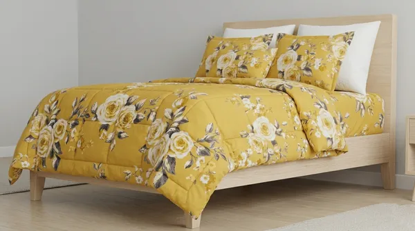 Home_Cent_Signature_Mustard_Yellow__Single_Bed_Comforter_Set,_Vintage_Floral_Pattern,_3-Piece_Box-Stitch_Single_Bed_Comforter_?_Premium_Down-Feel_Insert_with_4_Corner_Tabs,_Machine_Washable_(Yellow_Floral)-_230X150CM-300GSM