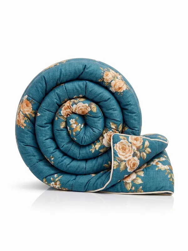 Home_Cent_Signature_Rustic_DeepForest_Teal_Flower_Single_Bed_Comforter_-Luxury_Teal_Floral_Single_Bed_Comforter_Set_with_Golden_Bloom_Accents_Lightweight_Breathable_Quilt_Set_with_Classic_Floral_Motif_Box-Stitch_Single_Bed_Comforter_?_Premium_Down-Feel_Insert_with_4_Corner_Tabs,_Machine_Washable_(DeepForest_Green)-_230X150CM-300GSM