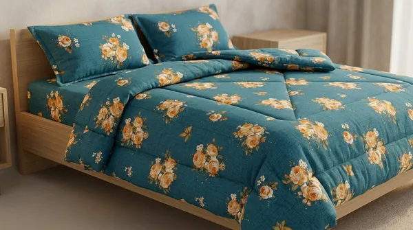 Home_Cent_Signature_Rustic_DeepForest_Teal_Flower_Single_Bed_Comforter_-Luxury_Teal_Floral_Single_Bed_Comforter_Set_with_Golden_Bloom_Accents_Lightweight_Breathable_Quilt_Set_with_Classic_Floral_Motif_Box-Stitch_Single_Bed_Comforter_?_Premium_Down-Feel_Insert_with_4_Corner_Tabs,_Machine_Washable_(DeepForest_Green)-_230X150CM-300GSM