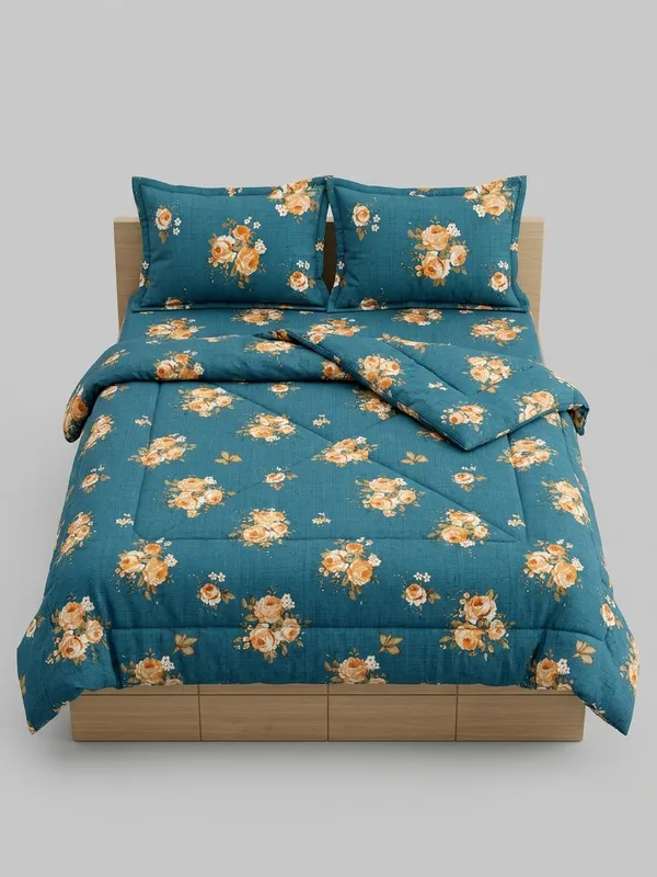 Home_Cent_Signature_Rustic_DeepForest_Teal_Flower_Single_Bed_Comforter_-Luxury_Teal_Floral_Single_Bed_Comforter_Set_with_Golden_Bloom_Accents_Lightweight_Breathable_Quilt_Set_with_Classic_Floral_Motif_Box-Stitch_Single_Bed_Comforter_?_Premium_Down-Feel_Insert_with_4_Corner_Tabs,_Machine_Washable_(DeepForest_Green)-_230X150CM-300GSM