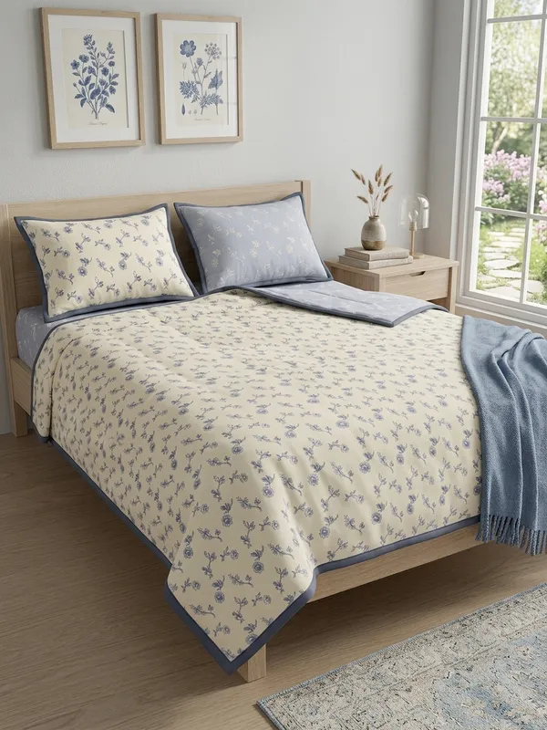 Dohar_Premium_100%_Cotton_Single_Bed_Artisanal_Botanical_Print,_All_Season_Reversible_Blanket,_Soft,_Lightweight_And_Breathable_Ac_Dohar/Quilt/Blanket/For_Bed_Slate_Blue