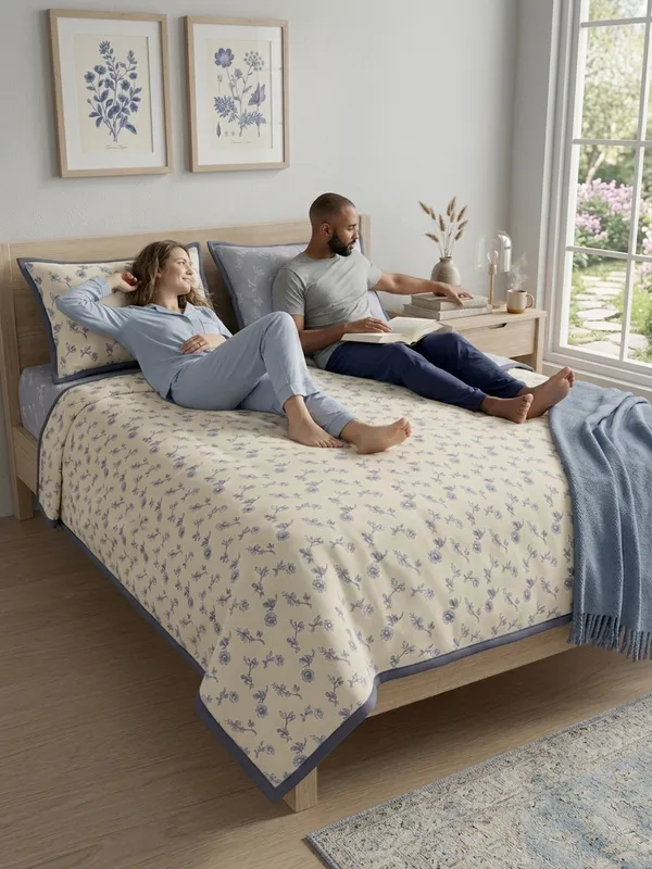 Dohar_Premium_100%_Cotton_Single_Bed_Artisanal_Botanical_Print,_All_Season_Reversible_Blanket,_Soft,_Lightweight_And_Breathable_Ac_Dohar/Quilt/Blanket/For_Bed_Slate_Blue