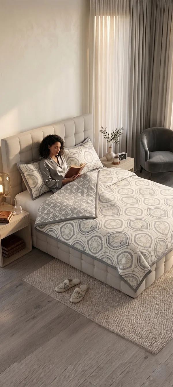 Dohar_Premium_100%_Cotton_Doublele_Bed_Grey_Silver_Ogee_Medallion,_All_Season_Reversible_Blanket,Lightweight_and_Breathable_Blanket_for_Bed,_Sofa_AC_Blanket_220_x_250cm