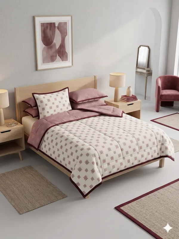 Dohar_Premium_100%_Cotton_Single_Bed_Symmetrical_Print_Style.,_All_Season_Reversible_Blanket,_Soft,_Lightweight_And_Breathable_Ac_Dohar/Quilt/Blanket/For_Bed_Pink_&_White