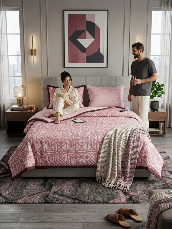 Dohar_Premium_100%_Cotton_Single_Bed_Geometric_Framework,_All_Season_Reversible_Blanket,_Soft,_Lightweight_And_Breathable_Ac_Dohar/Quilt/Blanket/For_Bed_Lavender