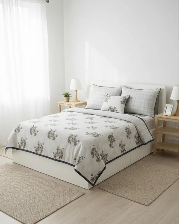 Dohar_Premium_100%_Cotton_Single_Bed_Botanical_Cherry_Blossom_With_Windowpane_Plaid_All_Season_Reversible_Blanket_Lightweight_And_Breathable_Ac_Blanket/For_Bed_Charcoal_Grey