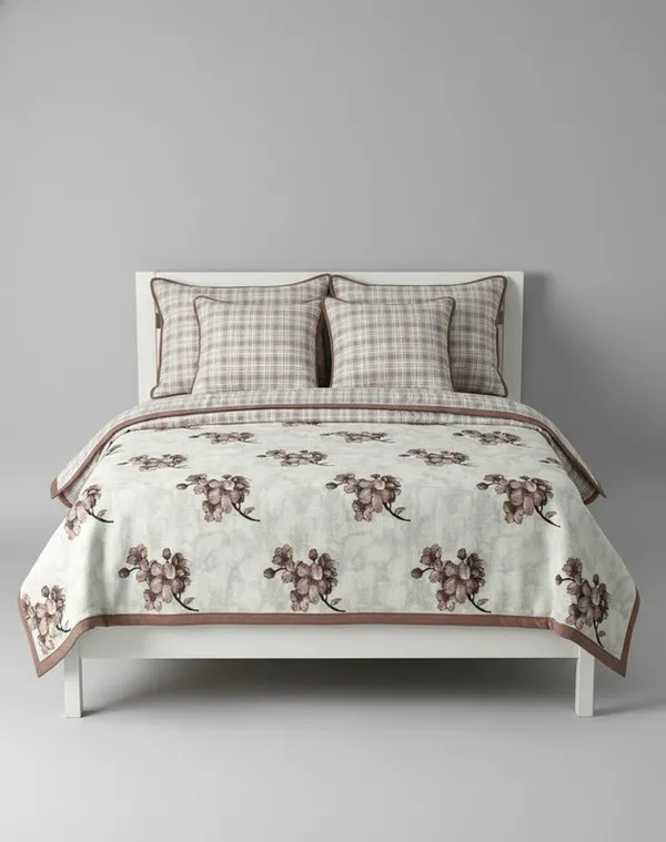 Dohar_Premium_100%_Cotton_Single_Bed_Botanical_Cherry_Blossom_With_Windowpane_Plaid_All_Season_Reversible_Blanket_Lightweight_And_Breathable_Ac_Blanket/For_Bed_Mocha_Brown