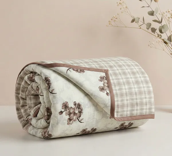 Dohar_Premium_100%_Cotton_Single_Bed_Botanical_Cherry_Blossom_With_Windowpane_Plaid_All_Season_Reversible_Blanket_Lightweight_And_Breathable_Ac_Blanket/For_Bed_Mocha_Brown