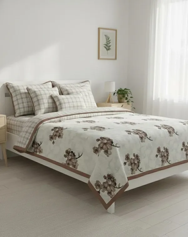 Dohar_Premium_100%_Cotton_Single_Bed_Botanical_Cherry_Blossom_With_Windowpane_Plaid_All_Season_Reversible_Blanket_Lightweight_And_Breathable_Ac_Blanket/For_Bed_Mocha_Brown