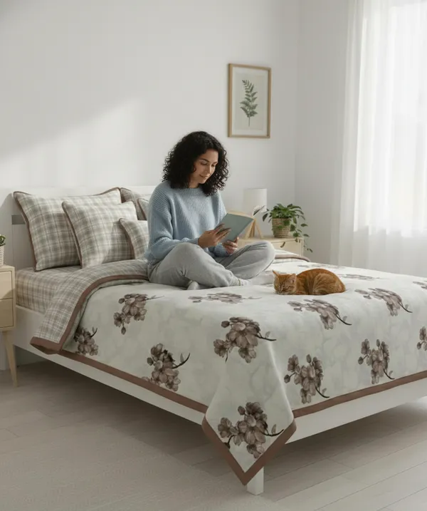 Dohar_Premium_100%_Cotton_Single_Bed_Botanical_Cherry_Blossom_With_Windowpane_Plaid_All_Season_Reversible_Blanket_Lightweight_And_Breathable_Ac_Blanket/For_Bed_Mocha_Brown
