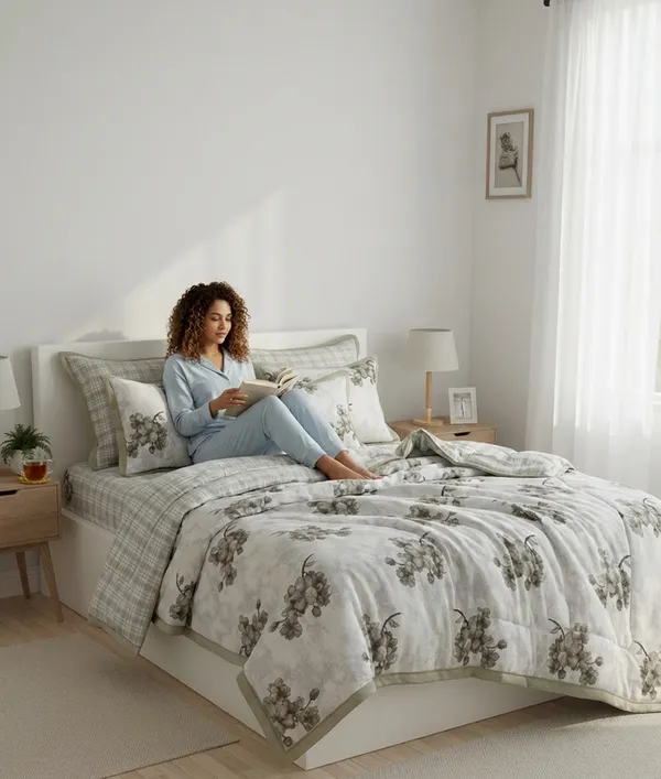 Dohar_Premium_100%_Cotton_Single_Bed_Botanical_Cherry_Blossom_With_Windowpane_Plaid_All_Season_Reversible_Blanket_Soft,_Lightweight_And_Breathable_Ac_Blanket/For_Bed_Sage_Green