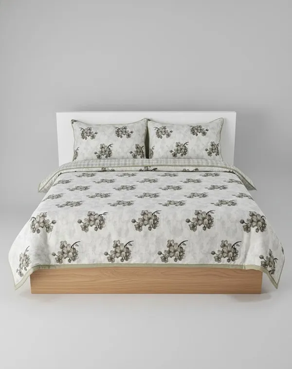 Dohar_Premium_100%_Cotton_Single_Bed_Botanical_Cherry_Blossom_With_Windowpane_Plaid_All_Season_Reversible_Blanket_Soft,_Lightweight_And_Breathable_Ac_Blanket/For_Bed_Sage_Green