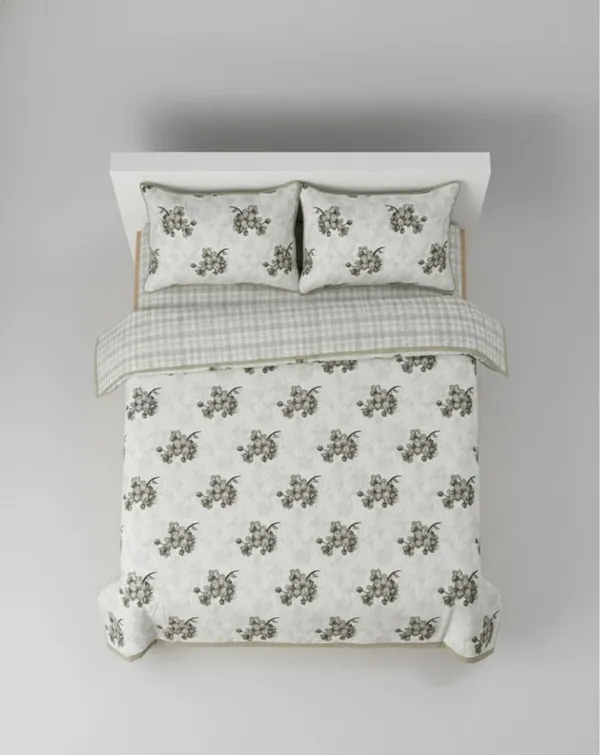 Dohar_Premium_100%_Cotton_Single_Bed_Botanical_Cherry_Blossom_With_Windowpane_Plaid_All_Season_Reversible_Blanket_Soft,_Lightweight_And_Breathable_Ac_Blanket/For_Bed_Sage_Green