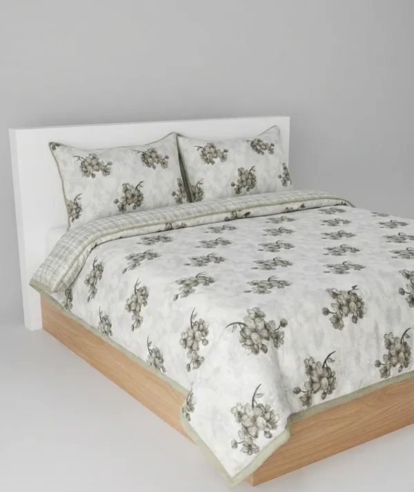 Dohar_Premium_100%_Cotton_Single_Bed_Botanical_Cherry_Blossom_With_Windowpane_Plaid_All_Season_Reversible_Blanket_Soft,_Lightweight_And_Breathable_Ac_Blanket/For_Bed_Sage_Green