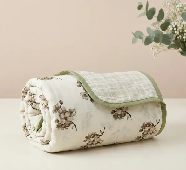 Dohar_Premium_100%_Cotton_Single_Bed_Botanical_Cherry_Blossom_With_Windowpane_Plaid_All_Season_Reversible_Blanket_Soft,_Lightweight_And_Breathable_Ac_Blanket/For_Bed_Sage_Green