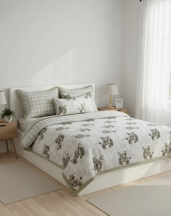 Dohar_Premium_100%_Cotton_Single_Bed_Botanical_Cherry_Blossom_With_Windowpane_Plaid_All_Season_Reversible_Blanket_Soft,_Lightweight_And_Breathable_Ac_Blanket/For_Bed_Sage_Green