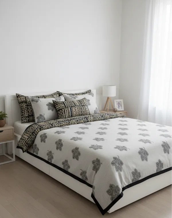 Dohar_Premium_100%_Cotton_Single_Bed_Botanical_Float_With_Global_Mosaic,_All_Season_Reversible_Blanket,_Soft,_Lightweight_And_Breathable_Ac_Blanket/For_Bed_Charcoal/Onyx_Black