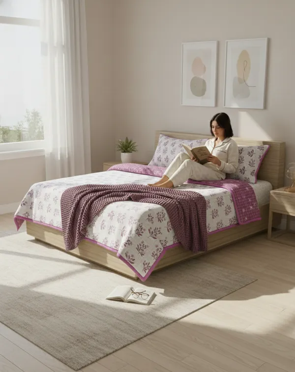 Dohar_Premium_100%_Cotton_Double_Bed_Botanical_Leaf_With_Windowpane_Grid,_All_Season_Reversible_Blanket,_Soft,_Lightweight_And_Breathable_Ac_Dohar/Blanket/For_Bed_Berry_Pink