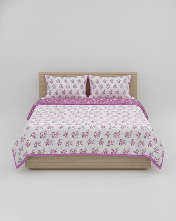 Dohar_Premium_100%_Cotton_Double_Bed_Botanical_Leaf_With_Windowpane_Grid,_All_Season_Reversible_Blanket,_Soft,_Lightweight_And_Breathable_Ac_Dohar/Blanket/For_Bed_Berry_Pink