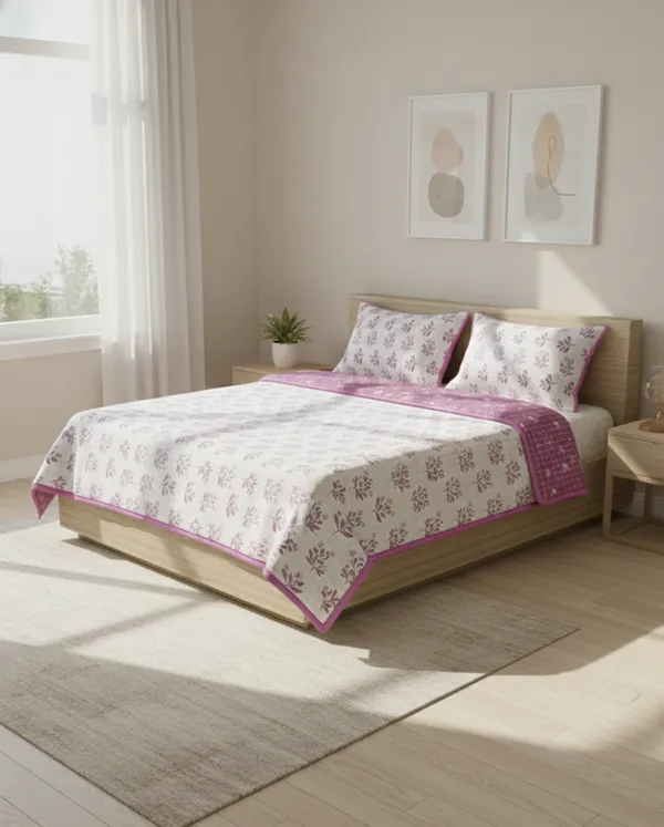 Dohar_Premium_100%_Cotton_Double_Bed_Botanical_Leaf_With_Windowpane_Grid,_All_Season_Reversible_Blanket,_Soft,_Lightweight_And_Breathable_Ac_Dohar/Blanket/For_Bed_Berry_Pink