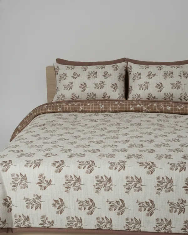 Dohar_Premium_100%_Cotton_Double_Bed_Botanical_Leaf_With_Windowpane_Grid,_All_Season_Reversible_Blanket,_Soft,_Lightweight_And_Breathable_Ac_Dohar/Blanket/For_Bed_Earth_Brown