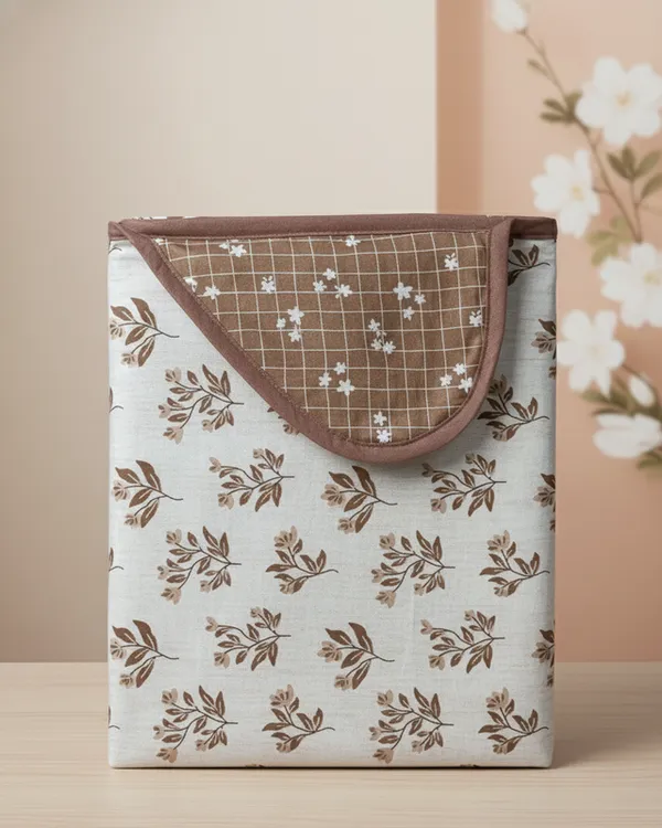 Dohar_Premium_100%_Cotton_Double_Bed_Botanical_Leaf_With_Windowpane_Grid,_All_Season_Reversible_Blanket,_Soft,_Lightweight_And_Breathable_Ac_Dohar/Blanket/For_Bed_Earth_Brown