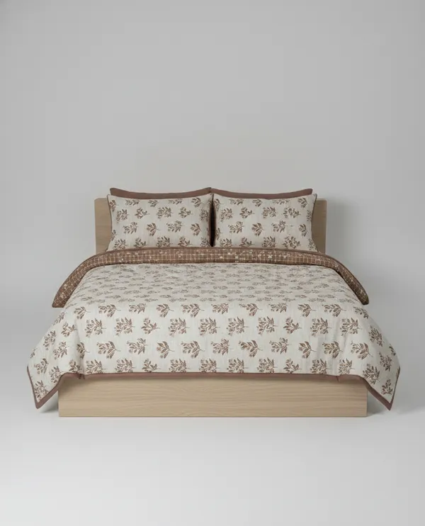 Dohar_Premium_100%_Cotton_Double_Bed_Botanical_Leaf_With_Windowpane_Grid,_All_Season_Reversible_Blanket,_Soft,_Lightweight_And_Breathable_Ac_Dohar/Blanket/For_Bed_Earth_Brown