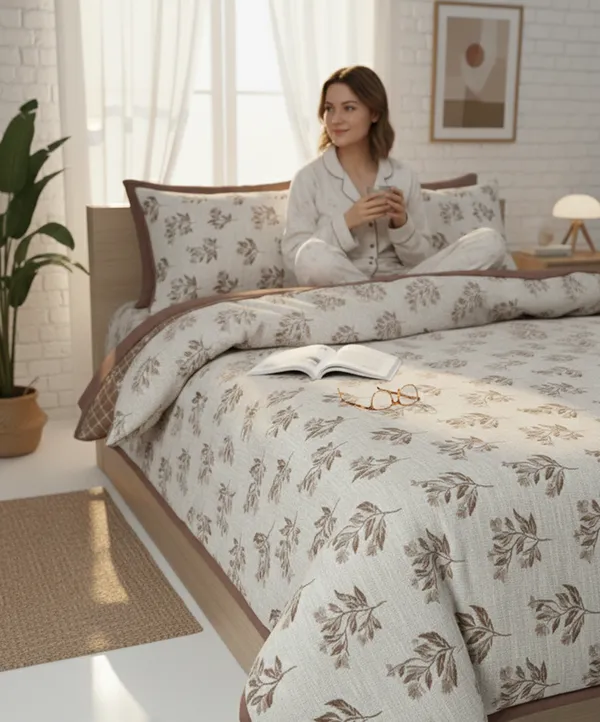 Dohar_Premium_100%_Cotton_Double_Bed_Botanical_Leaf_With_Windowpane_Grid,_All_Season_Reversible_Blanket,_Soft,_Lightweight_And_Breathable_Ac_Dohar/Blanket/For_Bed_Earth_Brown